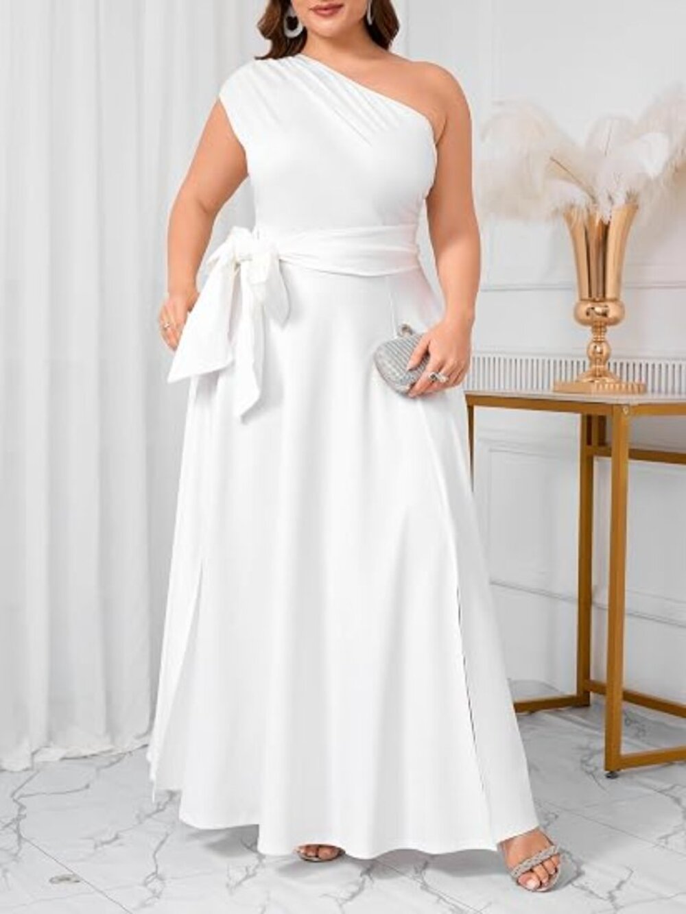 Women's White Formal Wedding Flattering A-line One Shoulder Belted Maxi Dress - Picture 4 of 5